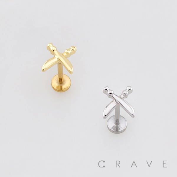 POLISHED CROSSED-SWORD DESIGN PUSHIN (THREADLESS) 316L SURGICAL STEEL LABRET SET